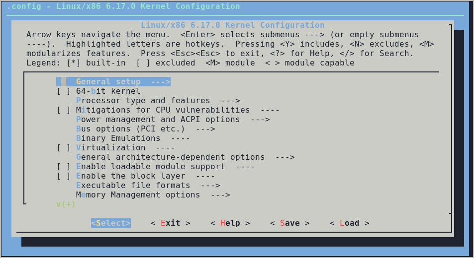 The linux kernel config menu