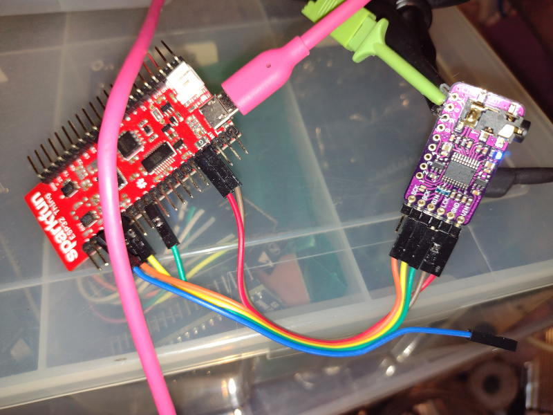 experimental setup with ESP32 and PCM5102 boards